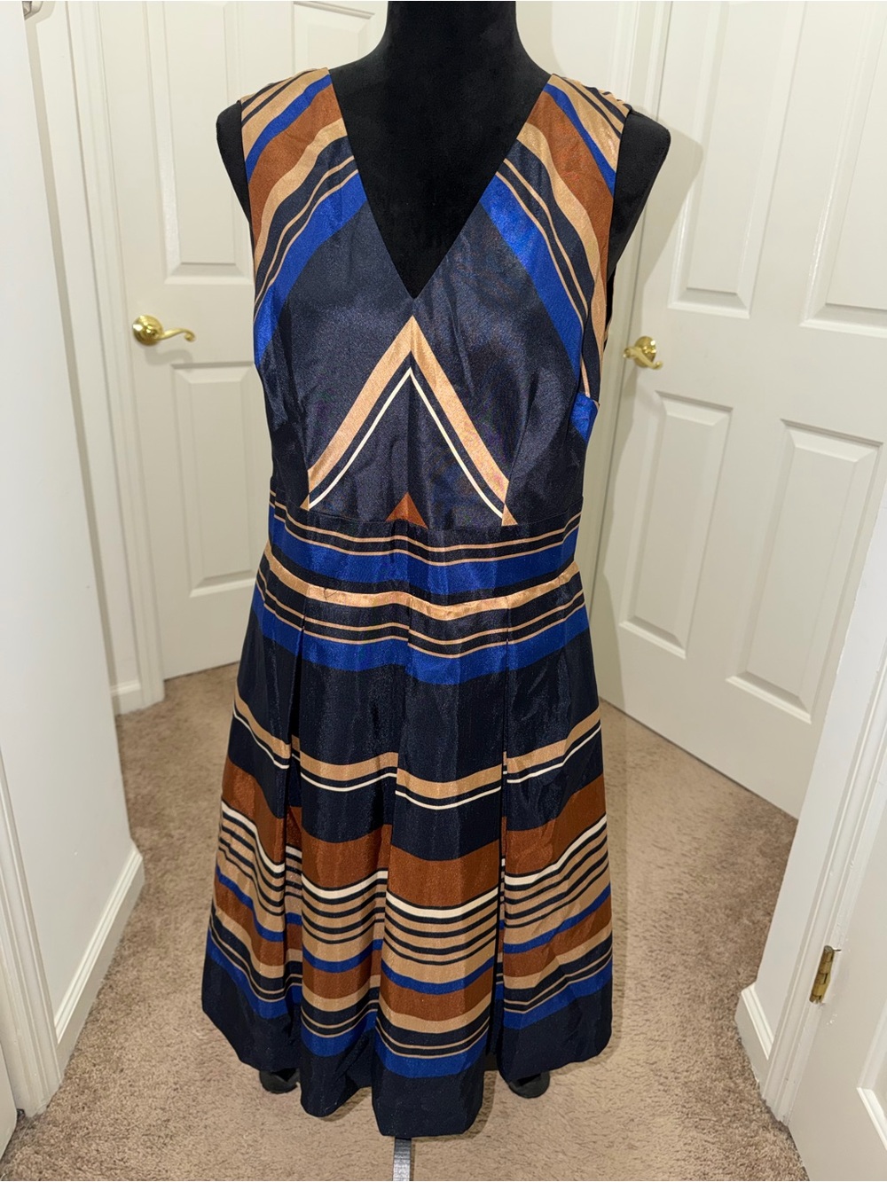 Sleeveless V-Neck Striped Midi Dress in Navy, Brown & Blue